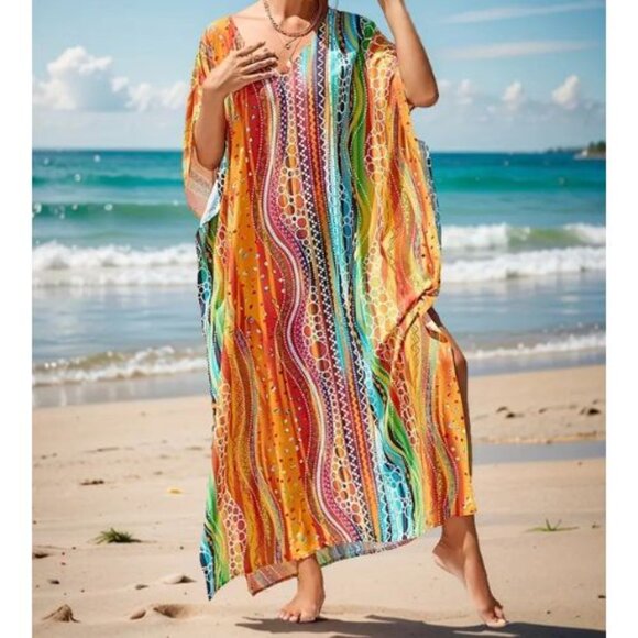 Kaftan Dress Wavy Sunset Waterfall Cover Up NEW 🧡 LAST 1 💛 - Picture 3 of 10